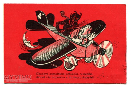 Duże zdjęcie Diabeł i samolot - pocztówka z epoki aeroplanu
