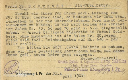 Orientalische Tabak Konigsberg 1922 r.