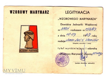 Odznaka Wzorowy Marynarz wz.61 z legitymacją