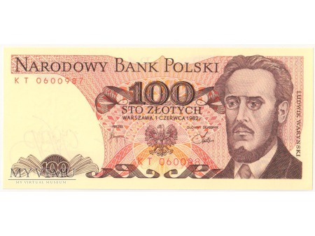Duże zdjęcie 100 złotych 1982 rok seria KT