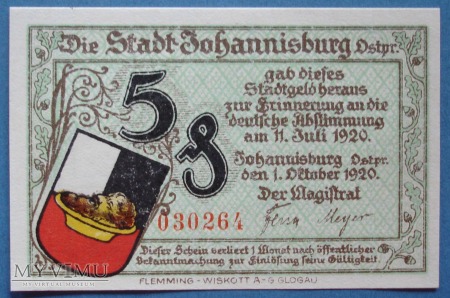 5 Pfennig 1920 r - Johannisburg .Ostpr - Pisz