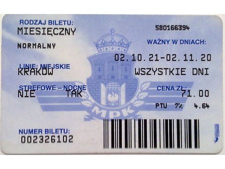 Duże zdjęcie Bilet MPK Kraków 63