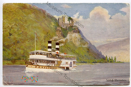 Statek pasażerski na Renie w tle Rheinstein -1914