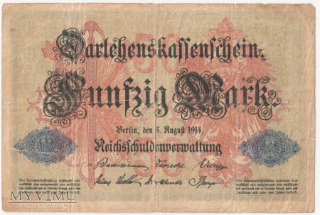 Darlehenskassenschein 1914-1922 ; 50 Mark 1914 rok