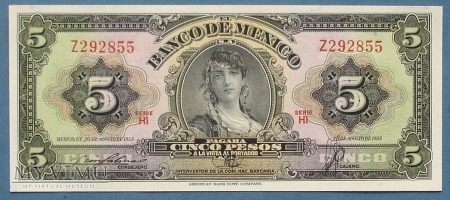 Duże zdjęcie 5 pesos 1958 r - Banco de Mexico - Meksyk