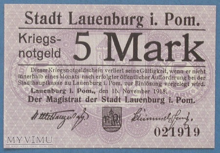 5 Mark 1918 r - Lauenburg in. Pom. - Lebork