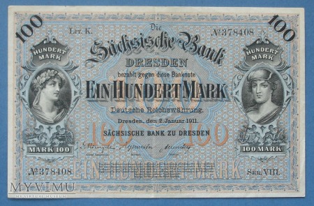 Duże zdjęcie 100 Mark 1911 r - Sächsiche Bank - Niemcy