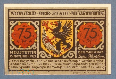 75 Pfennig 1921 r -Neustettin in Pom - Szczecinek