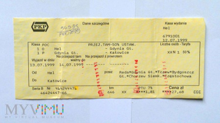 Bilet na trasę Hel-Katowice z przełomu wieku