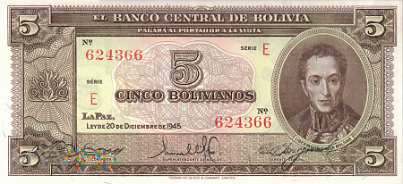 Duże zdjęcie Boliwia - 5 bolivianos (1945)