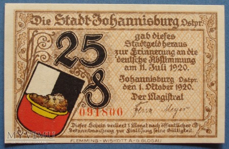 25 Pfennig 1921 r - Johannisburg Ostpr. - Pisz