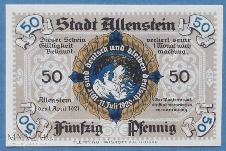 50 Pfennig 1921 r - Allenstein - Olsztyn