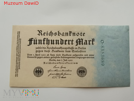 Niemcy - 500 mark, 1922r. UNC