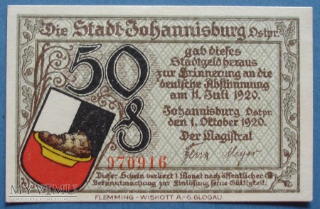 50 Pfennig 1920 r - Johannisburg Ostpr.- Pisz