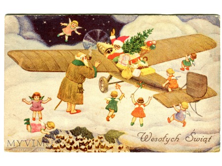 Duże zdjęcie Święty Mikołaj w Aeroplanie i Elfy c. 1935