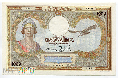 Duże zdjęcie Jugosławia - 1000 dinarów, 1931r. UNC
