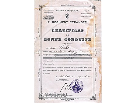 Duże zdjęcie Certyfikat Dobrej Słuzby 1 RE 1926 ROLLET