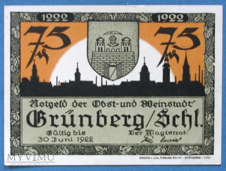 75 Pfennig 1922 r - Grünberg in Sch.- Zielona Gora