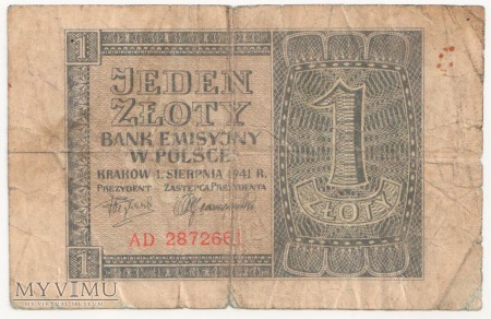 1 złoty 1 sierpnia 1941 rok seria AD