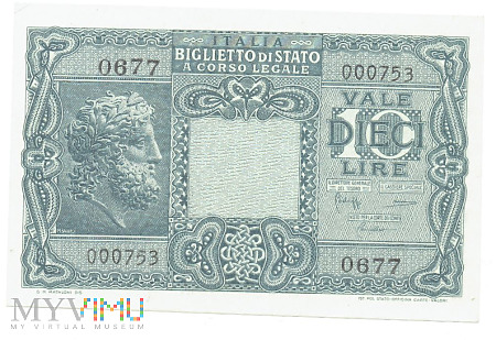 Duże zdjęcie Włochy - 10 lir, 1944r. UNC