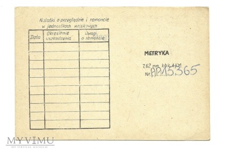 METRYKA 7,62 mm kbk AKMS Nr AA 15365