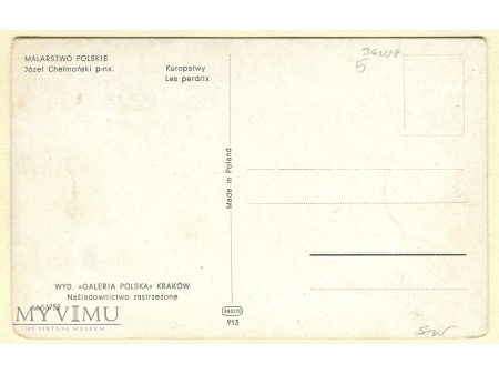 c. 1915 Józef Chełmoński Kuropatwy pocztówka