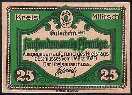 Militsch - Milicz 25 pfennig 1920