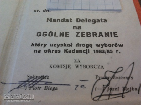 Mandat Delegata Huta Stalowa Wola 1983r.