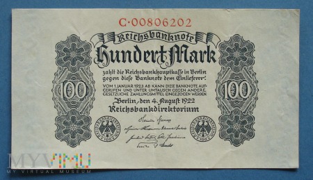 100 Mark 1922 - Reichsbanknote - Niemcy