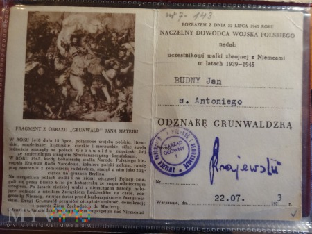Legitymacja Odznaki Grunwaldzkiej 22 lipca 1973r