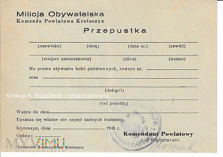 Przepustka - Milicja Obywatelska Krotoszyn 1945 r.