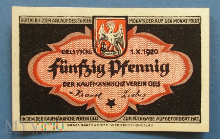 50 Pfennig 1920 r - Oels - Olesnica Dolny Slask