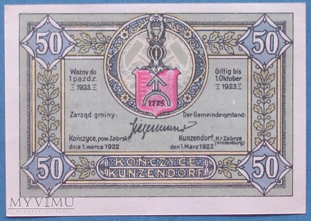 50 Pfennig 1922 r - Kunzendorf - Konczyce
