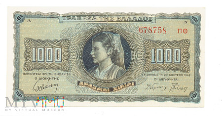 Duże zdjęcie Grecja - 1000 drachmai, 1942r. UNC