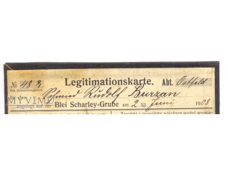 Kopalnia Szarlej Biały - karta legitymacyjna 1908