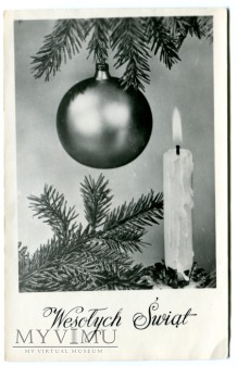 Duże zdjęcie 1958 Wesołych Świąt Ozdoby Choinkowe pocztówka