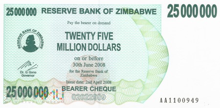 Zimbabwe - 25 000 000 dolarów (2008)