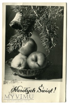 1952 Wesołych Świąt Choinka i Jabłka FOTOPLASTYKA