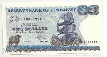 Zimbabwe.1.Aw.2 dollars.1983.P-1b