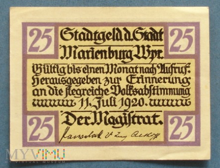 25 Pfennig 1920 - Marienburg Wprs.- Malbork