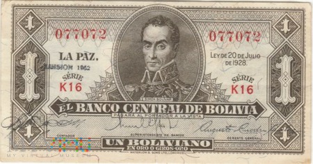 Duże zdjęcie BOLIWIA 1 BOLIVIANO 1952