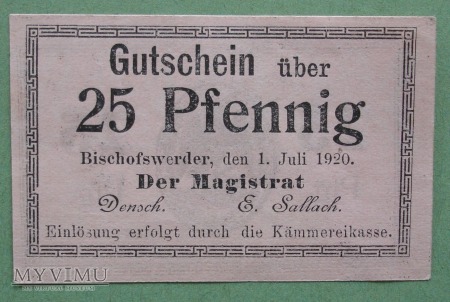 25 Pfennig 1920 r - Bischofswerder - Biskupiec