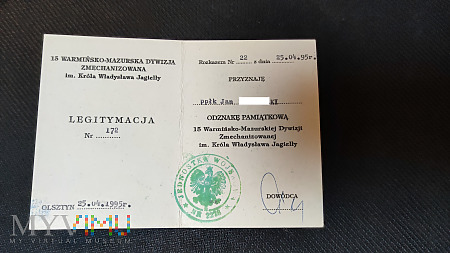 Legitymacja do odznaki 15 WMDZ z Olsztyna