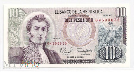 Kolumbia.3.Aw.10 pesos 1980.P-407h
