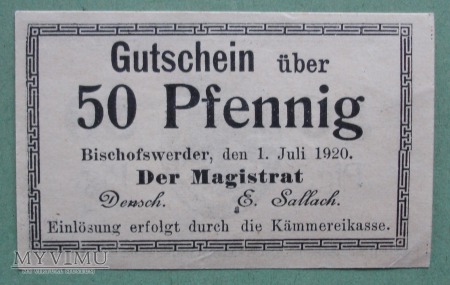 50 Pfennig 1920 r - Bischofswerder - Biskupiec