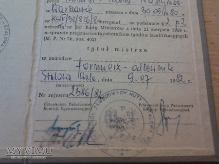 Dyplom mistrza Huta Stalowa Wola 1982 r.