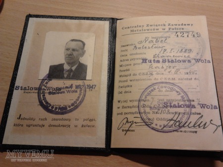 Duże zdjęcie Huta Stalowa Wola legitymacja 1947 r.
