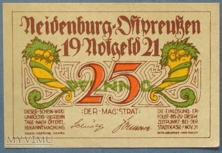 25 Pfennig 1921 r - Neidenburg Ost. - Nidzica