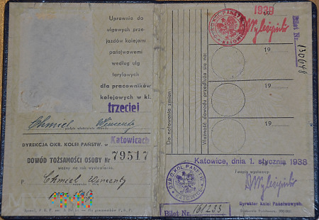 Legitymacja PKP z DOKP Katowice - 1938 r.