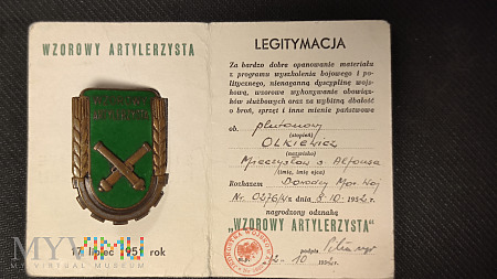 Duże zdjęcie Legitymacja i odznaka - Wzorowy Artylerzysta 1951